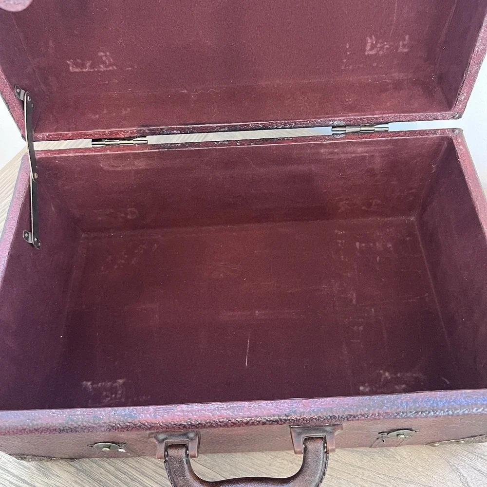 Vintage 90s Burgundy Faux Leather Decorative Trunk Storage Chest Brass Accents